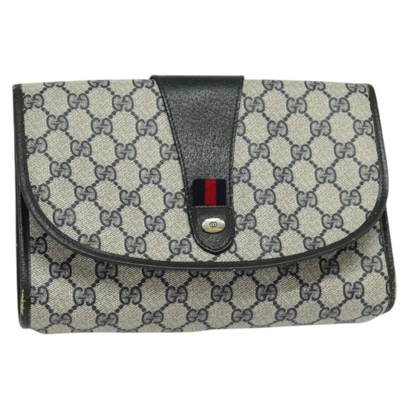 GUCCI GG Supreme Sherry Line Clutch Bag PVC Navy Gold 89 01 030 Auth 125515 - Picture 1 of 16